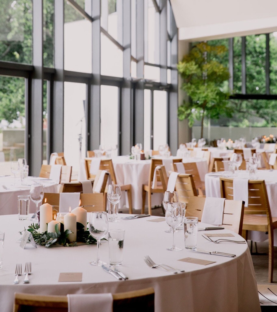 Tables set for a wedding reception.